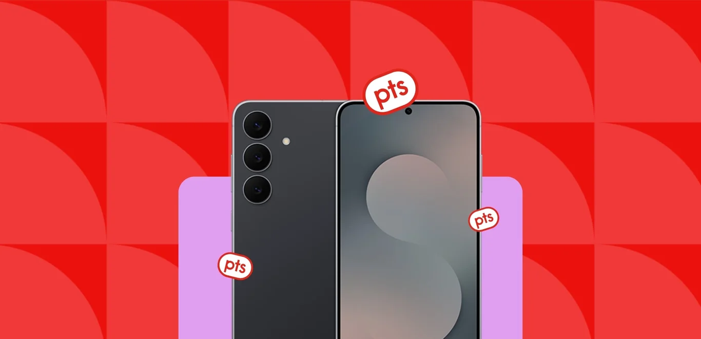 A silver smartphone on a purple rectangle surrounded by red PC Optimum points pucks