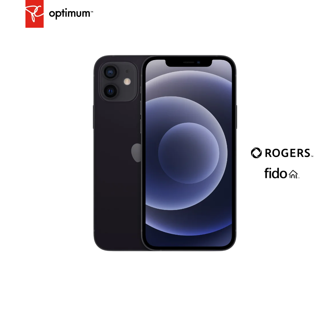 A black iPhone 12 is next to Rogers and Fido logos on a white background. The PC Optimum logo is in the top left corner.